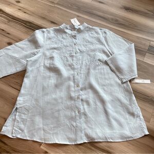 Richard Malcolm 100% Irish Linen Light Blue Button-Up Embroidered Tunic Top 1X